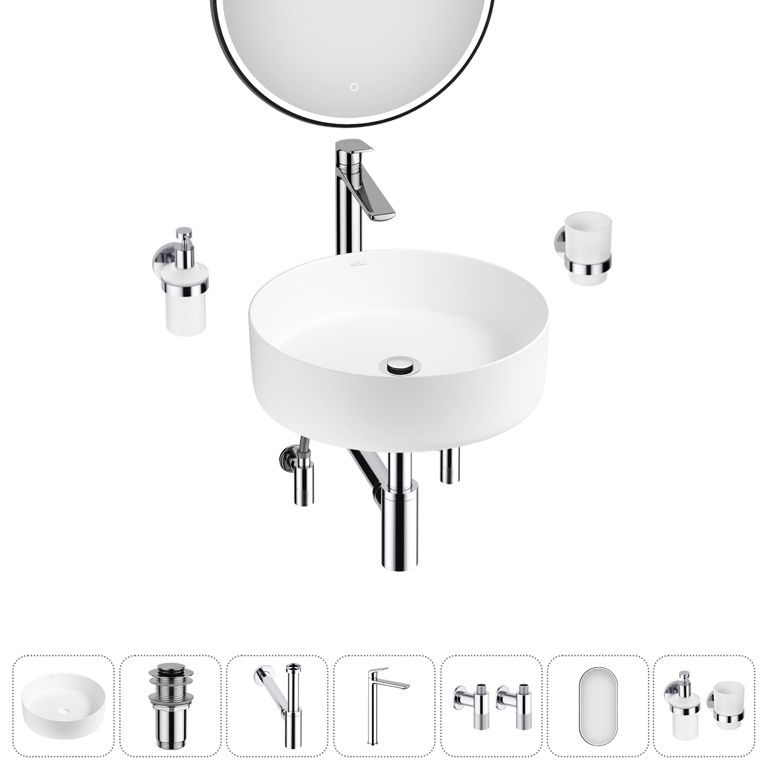 Изображение товара Раковина Wellsee coax 20218203R 30см с комплектом аксессуаров и зеркалом