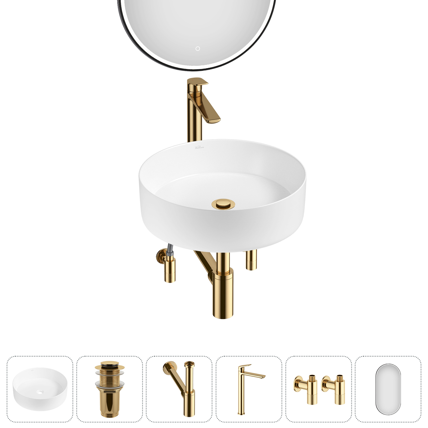 Изображение товара Раковина Wellsee coax 36 см 6 в 1 с зеркалом и комплектом элементов белая