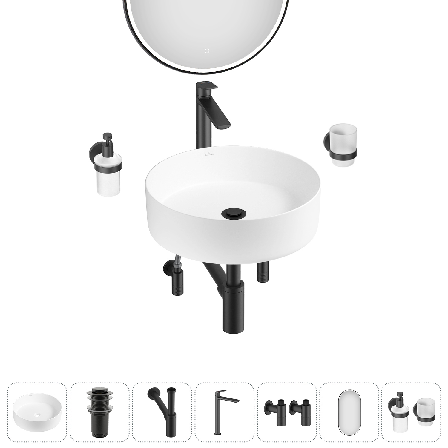 Изображение товара Раковина Wellsee coax 36см 7 в 1 с зеркалом и аксессуарами в цвете матовый белый