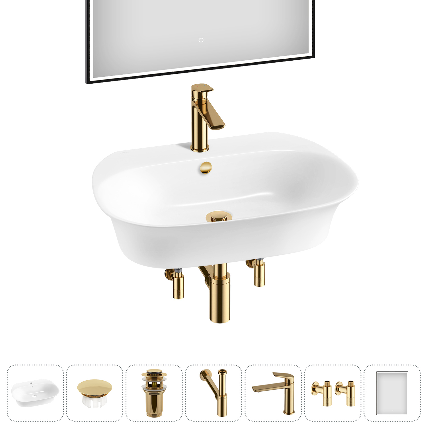 Изображение товара Раковина Wellsee excellence pro 20219052R 65см цвет раковина 7 в 1: заглушка на перелив, д/к, сифон, смеситель, вентили, зеркало