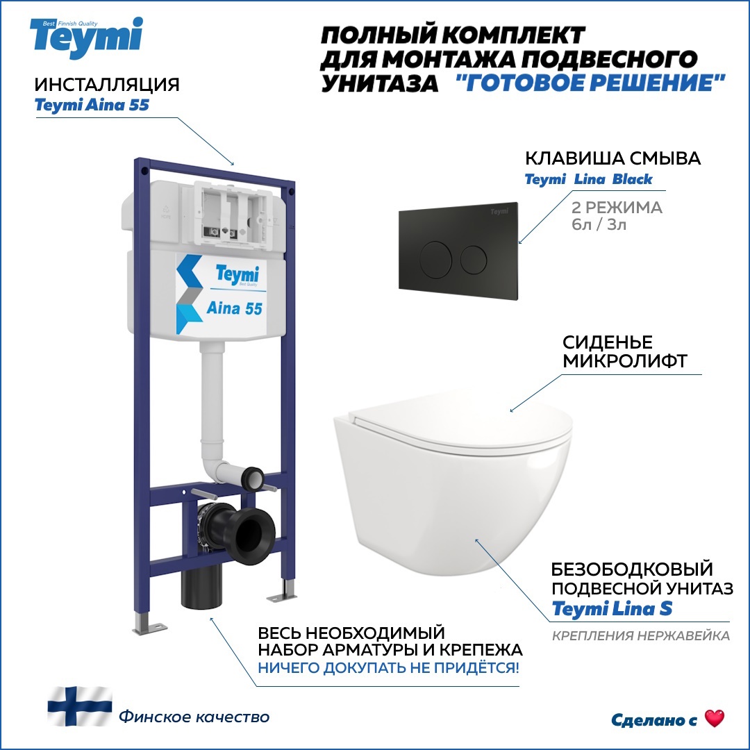 Изображение товара Инсталляция с унитазом Teymi Lina S 5 в 1 безободковая с черной клавишей