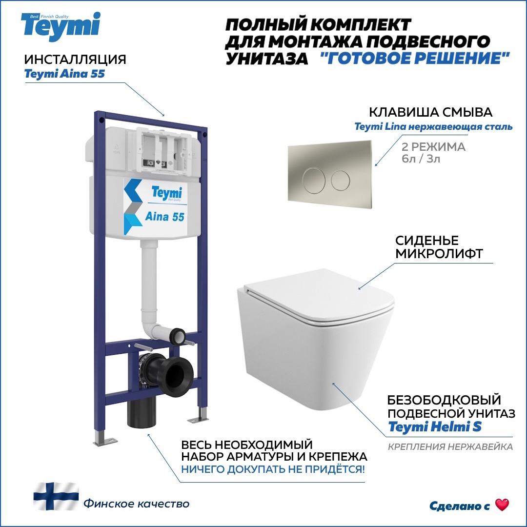 Изображение товара Инсталляция с унитазом безободковым Helmi S 5 в 1 комплект для подвесного унитаза