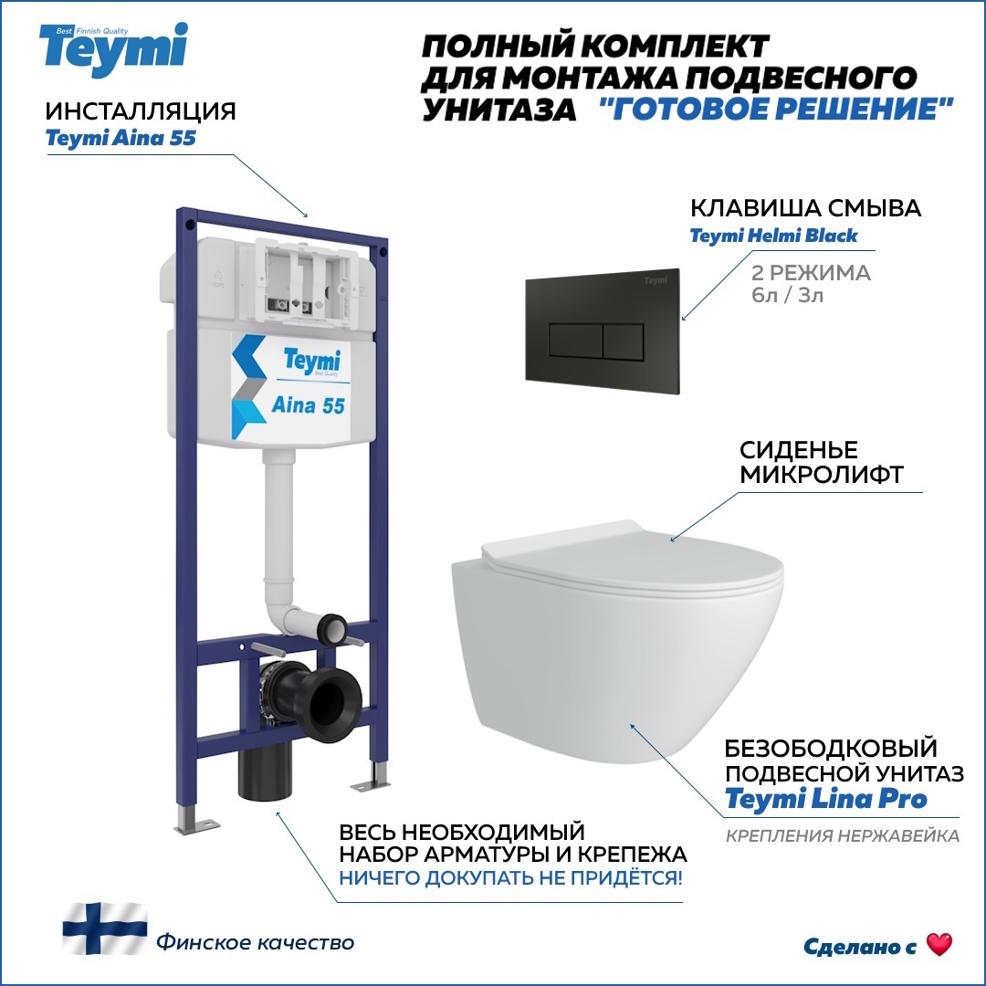 Изображение товара Инсталляция с унитазом 5 в 1 TEYMI Lina Pro черная