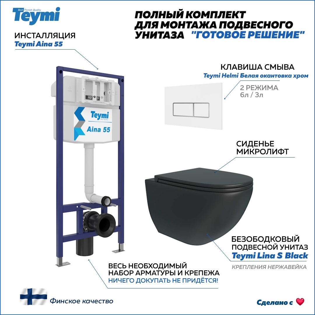 Изображение товара Инсталляция с унитазом TEYMI Lina S Black F13901 комплект 5 в 1 для подвесного безободкового унитаз