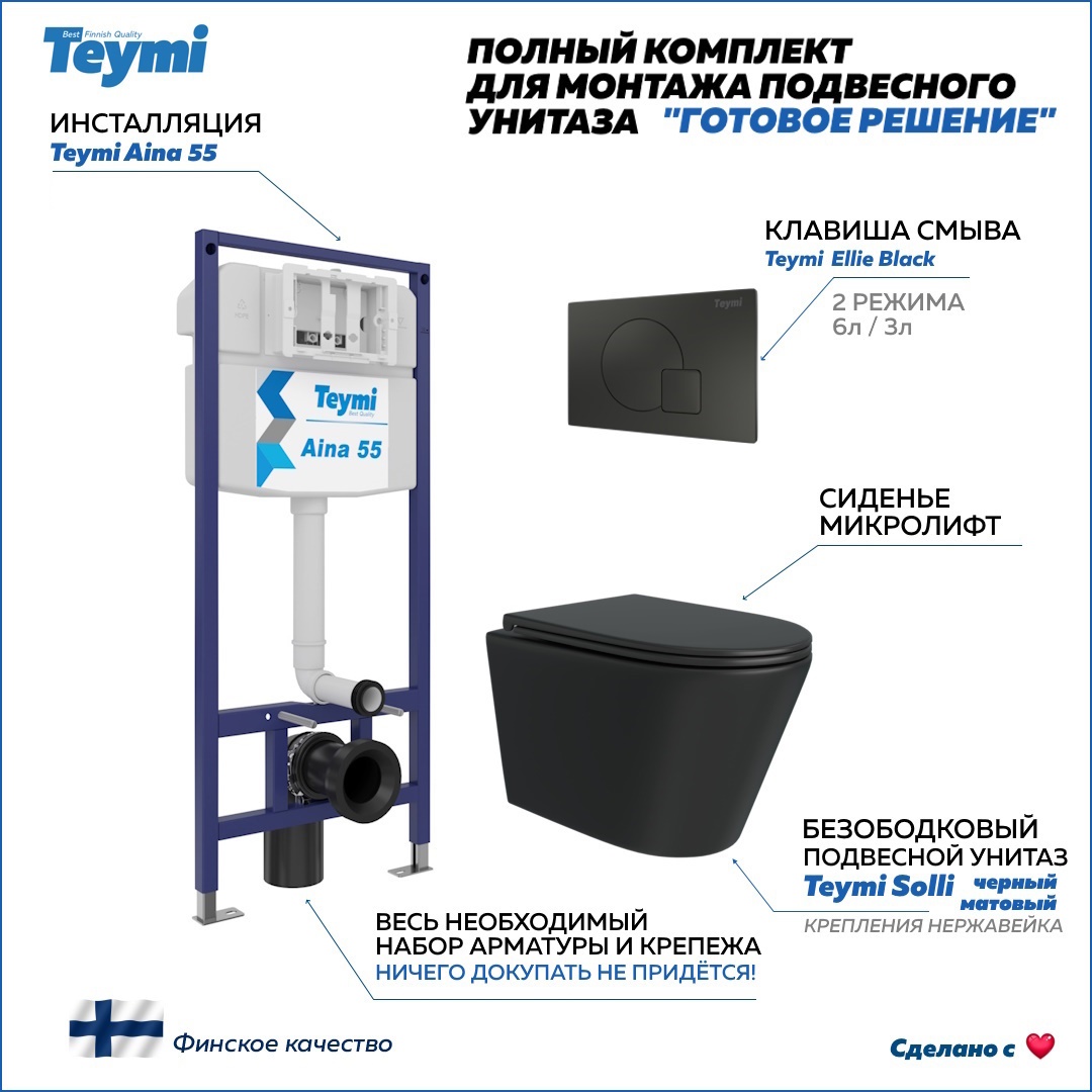 Изображение товара Инсталляция с унитазом 5 в 1 Teymi Solli Black для подвесных систем