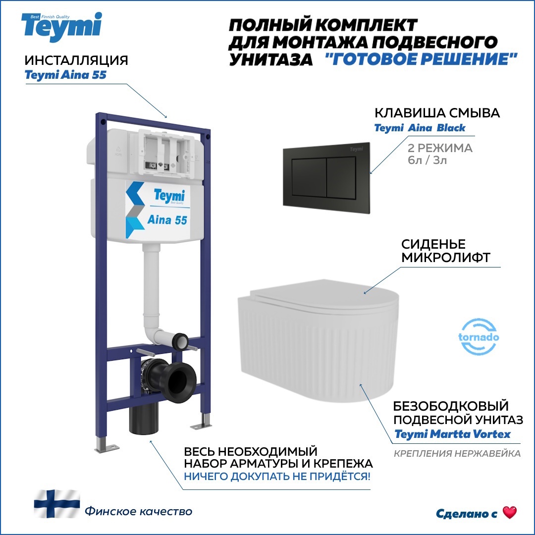 Изображение товара Инсталляция с унитазом 5 в 1 Teymi Martta Vortex комплект для подвесного унитаза