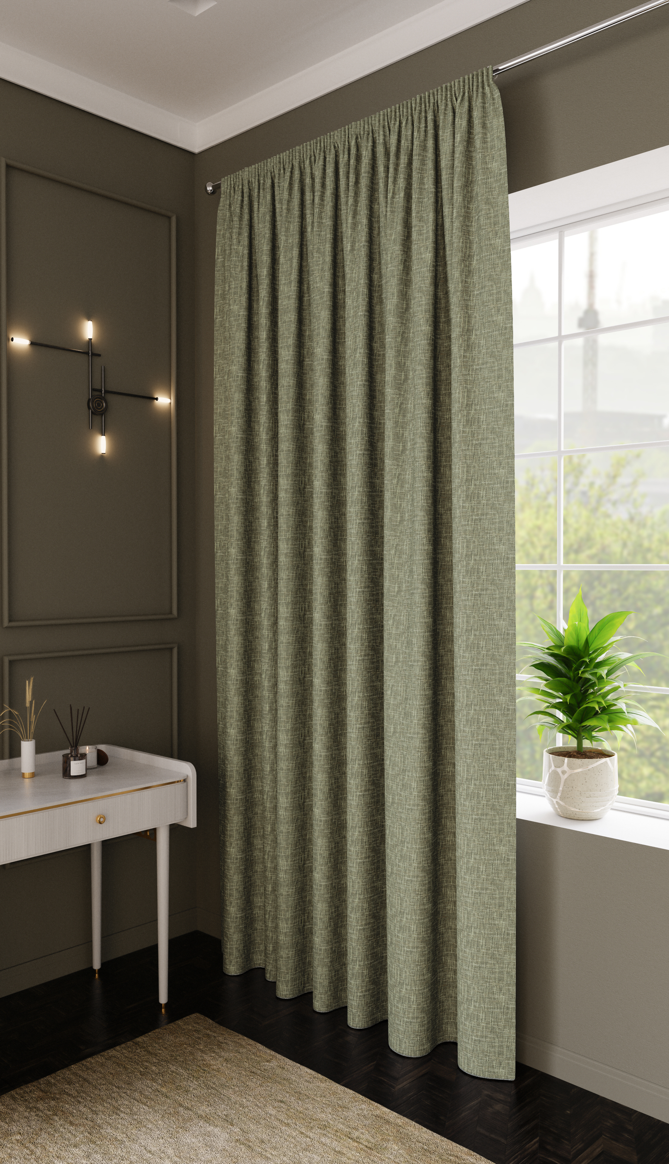 Изображение товара Штора на ленте Pisa 200x280 см оливковая Рогожка из полиэстера для спальни и гостиной