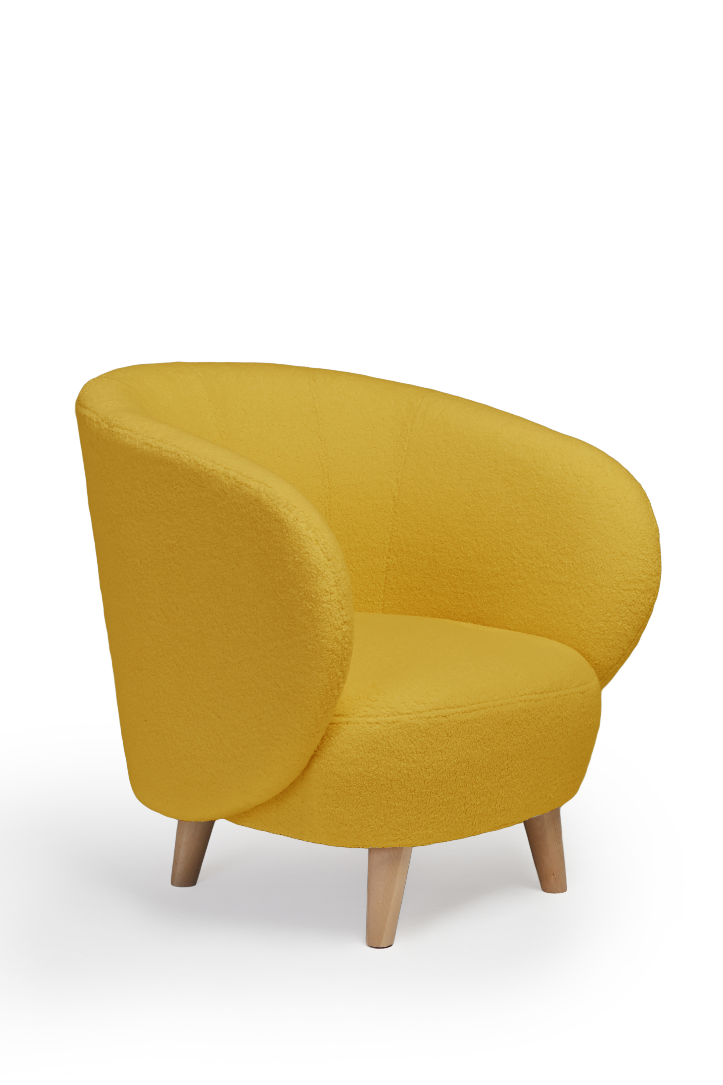 Изображение товара Круглое кресло Мод с ушами из букле желтое на ножках из березы