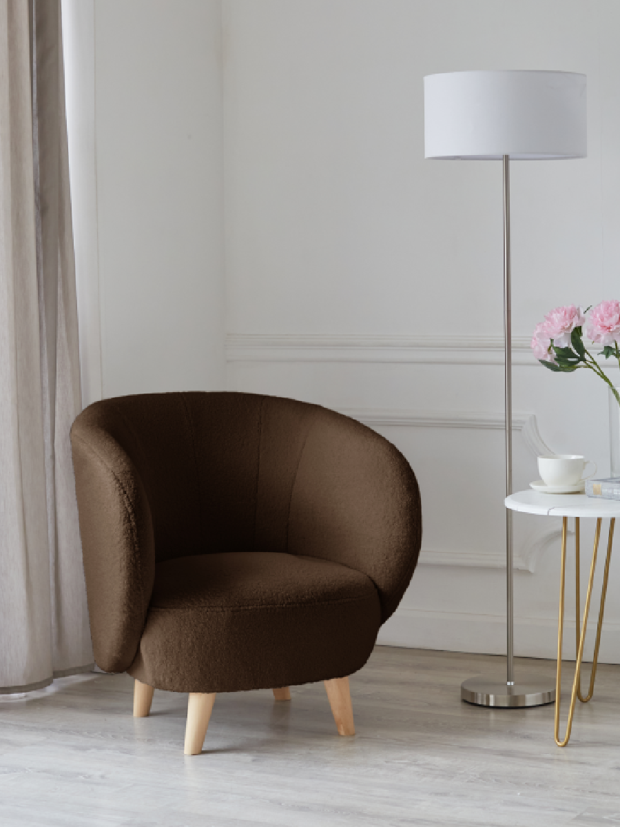 Изображение товара Мягкое круговое кресло из букле темно-коричневого цвета 71x79x75 см