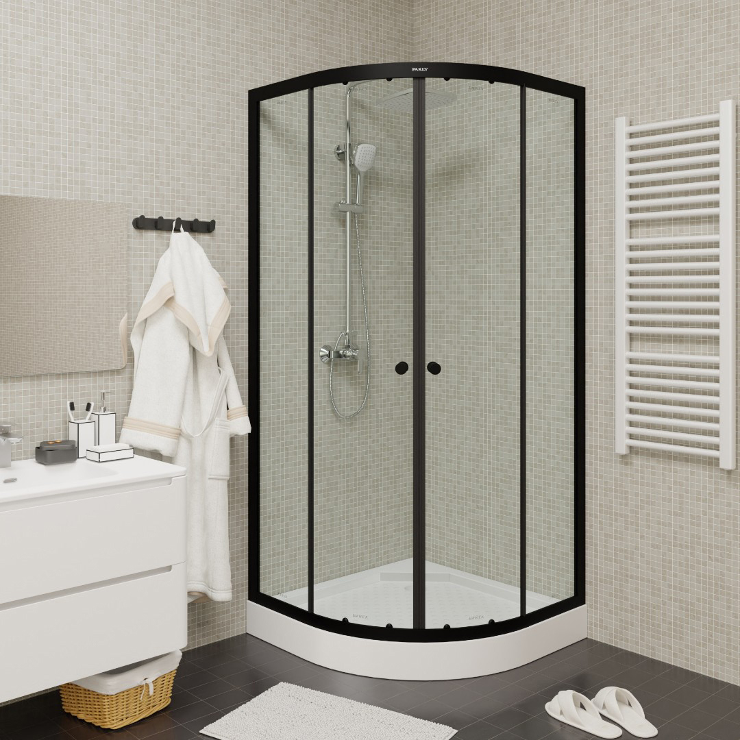 Изображение товара Душевой уголок Parly ZE911B 1/4 круга 90x90 см низкий поддон стекло прозрачное профиль цвет черный матовый