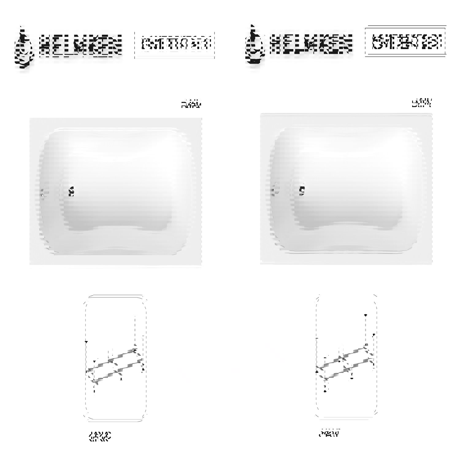 Изображение товара Ванна акриловая Helmken Edelva 442811D17S 140x70 комплект 2 в 1: прямоугольная ванна, каркас