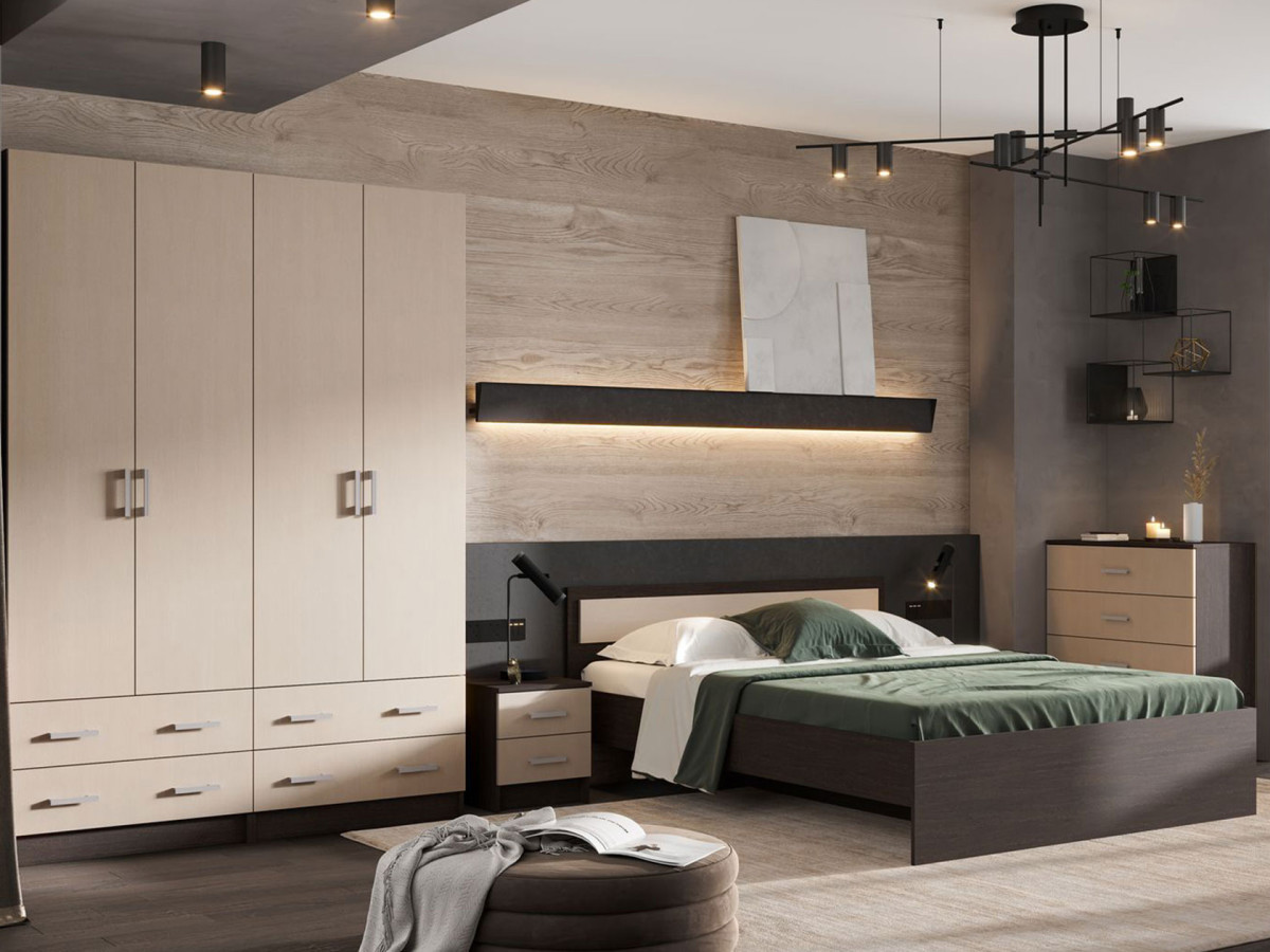 Изображение товара Двуспальная кровать Феста из ЛДСП современного стиля венге/дуб белфорт 165х70х203 см