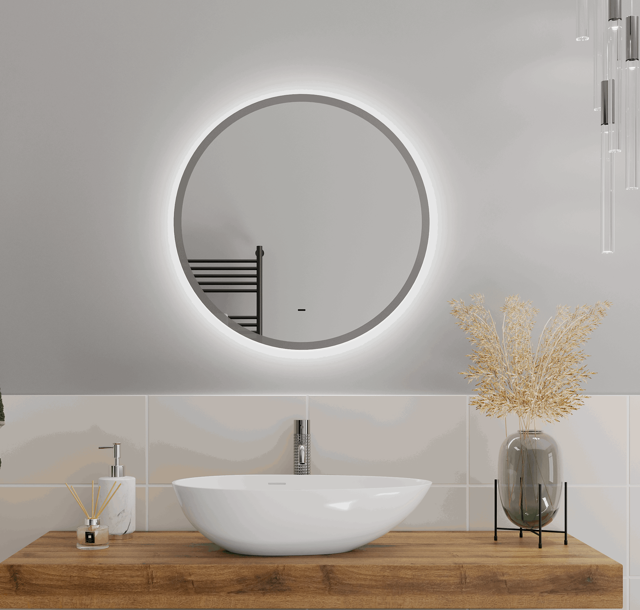 Изображение товара Зеркало для ванной Lens 65 см круглое с подсветкой и датчиком серый кант