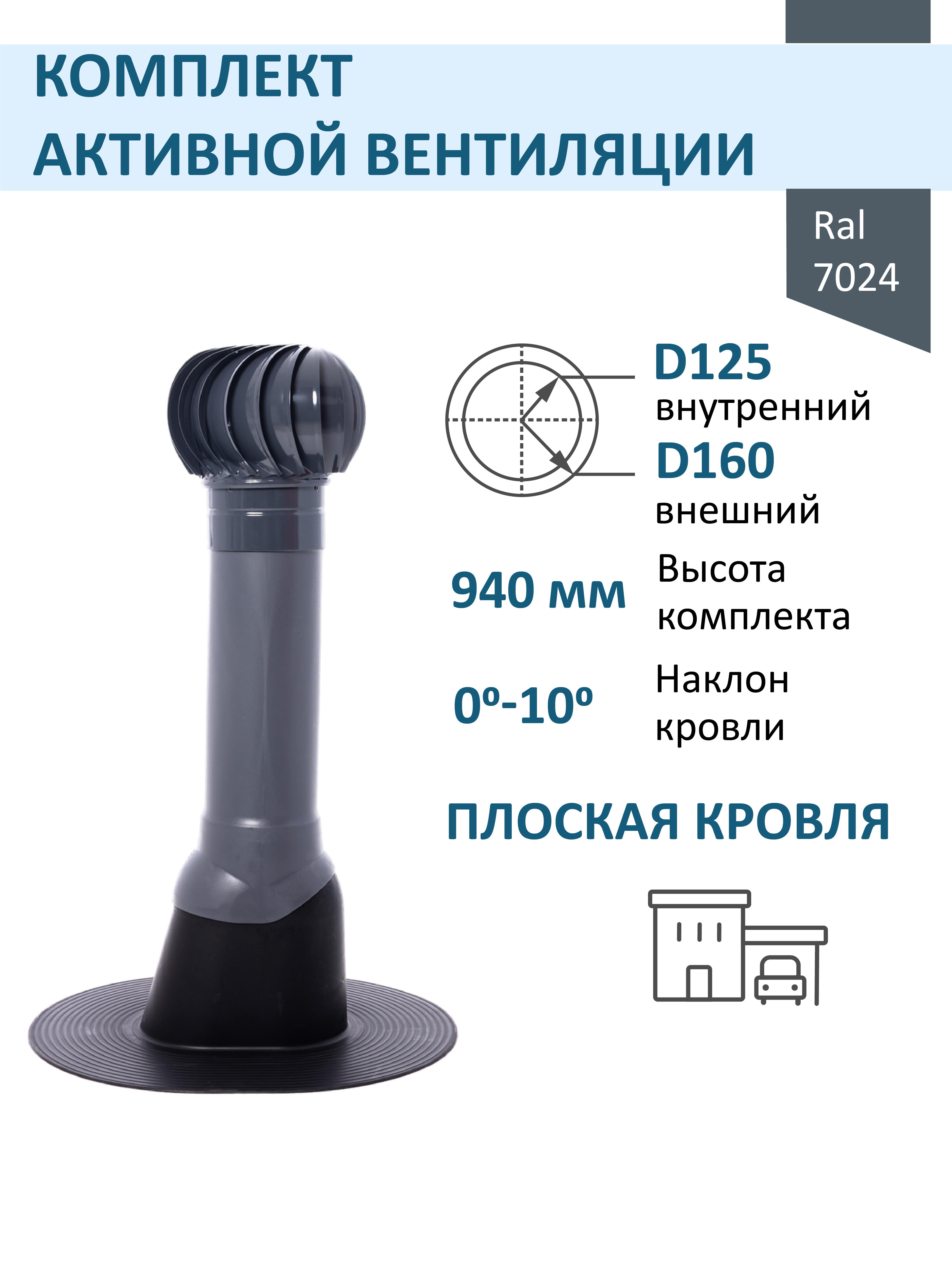 Изображение товара Кровельный дефлектор Татполимер серый графит (выход 700мм/проходной элемент/турбодефлектор TD160)