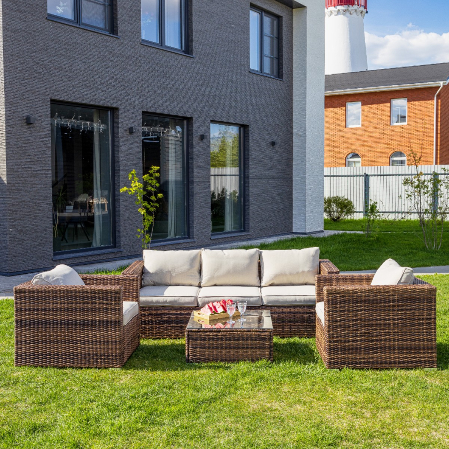 Изображение товара Набор уличной мебели Royal Family Karl из искусственного ротанга с подушками, коричневый стильный к