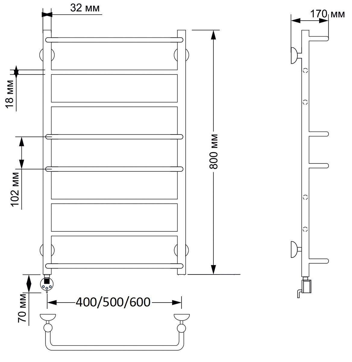 Изображение товара Полотенцесушитель электрический Secado Верона 1 L 500x800 мм 300 Вт с терморегулятором лесенка цвет бронза