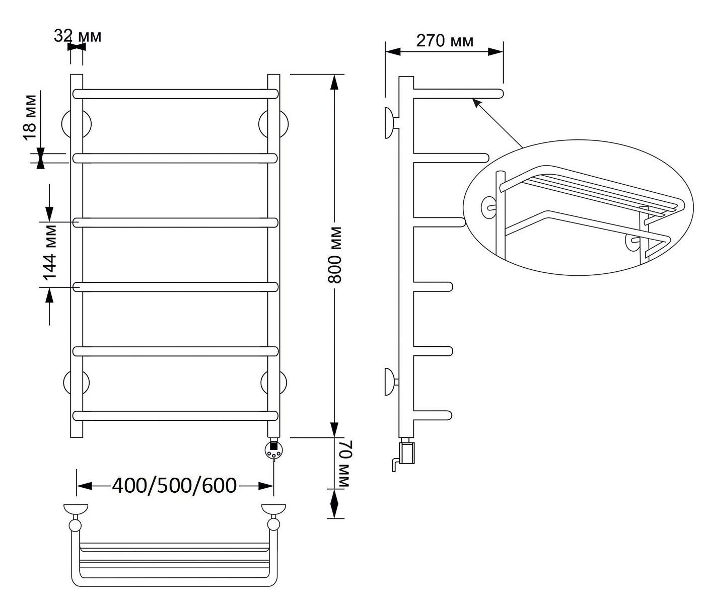 Изображение товара Полотенцесушитель электрический Secado Мерида 2 R 500x800 мм 300 Вт с терморегулятором и полкой лесенка цвет бронза