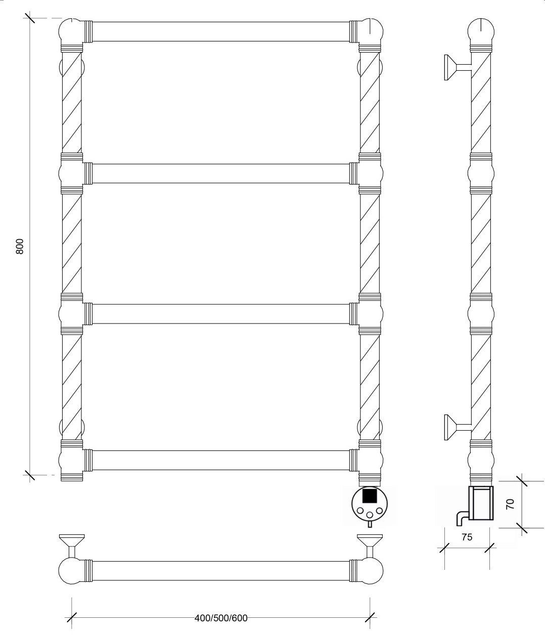 Изображение товара Полотенцесушитель электрический Secado Фалерони 1 R Trenza 500x800 мм 300 Вт с терморегулятором лесенка цвет бронза
