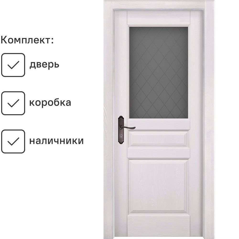 Изображение товара Комплект межкомнатной двери Ока Пандора остеклённая 200x80см цвет айсберг с коробом и наличниками Изображение товара Комплект межкомнатной двери Ока Пандора остеклённая 200x80см цвет айсберг с коробом и наличниками