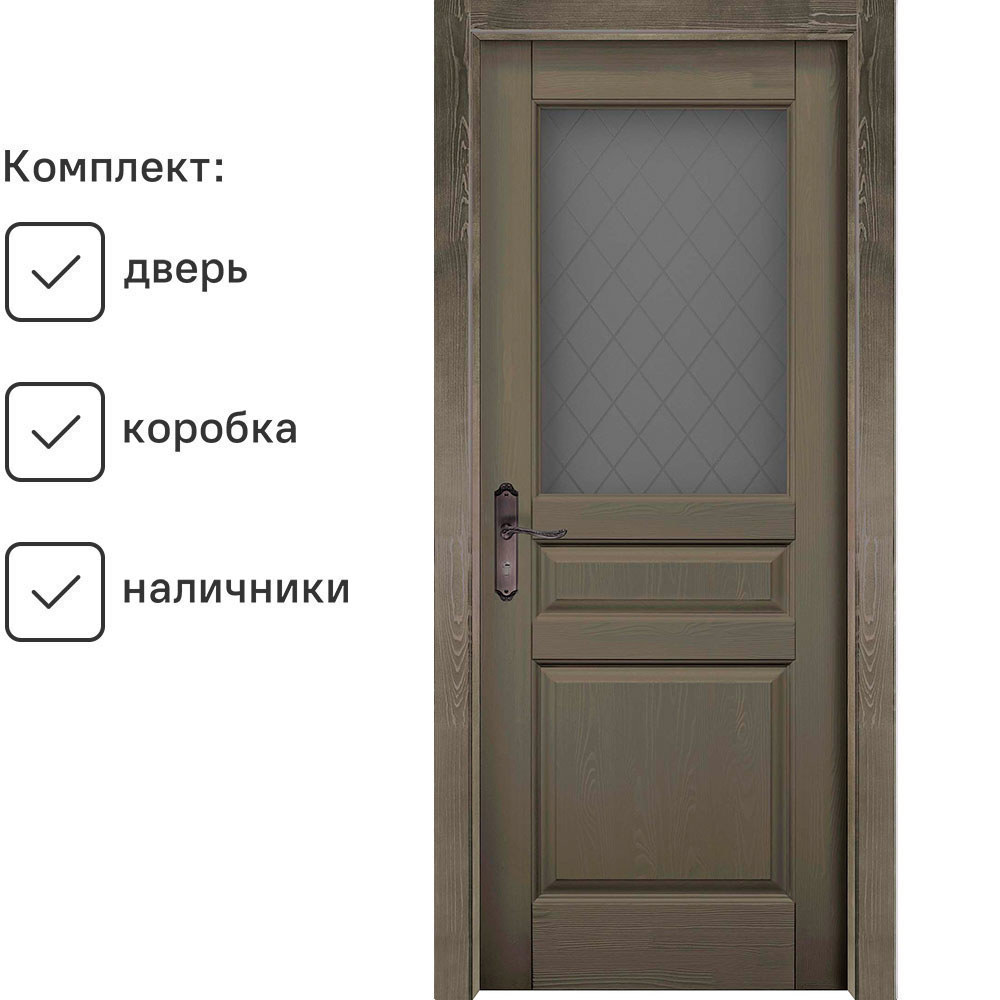 Изображение товара Комплект межкомнатной двери Ока Пандора остеклённая 200x60см цвет олива с коробом и наличниками