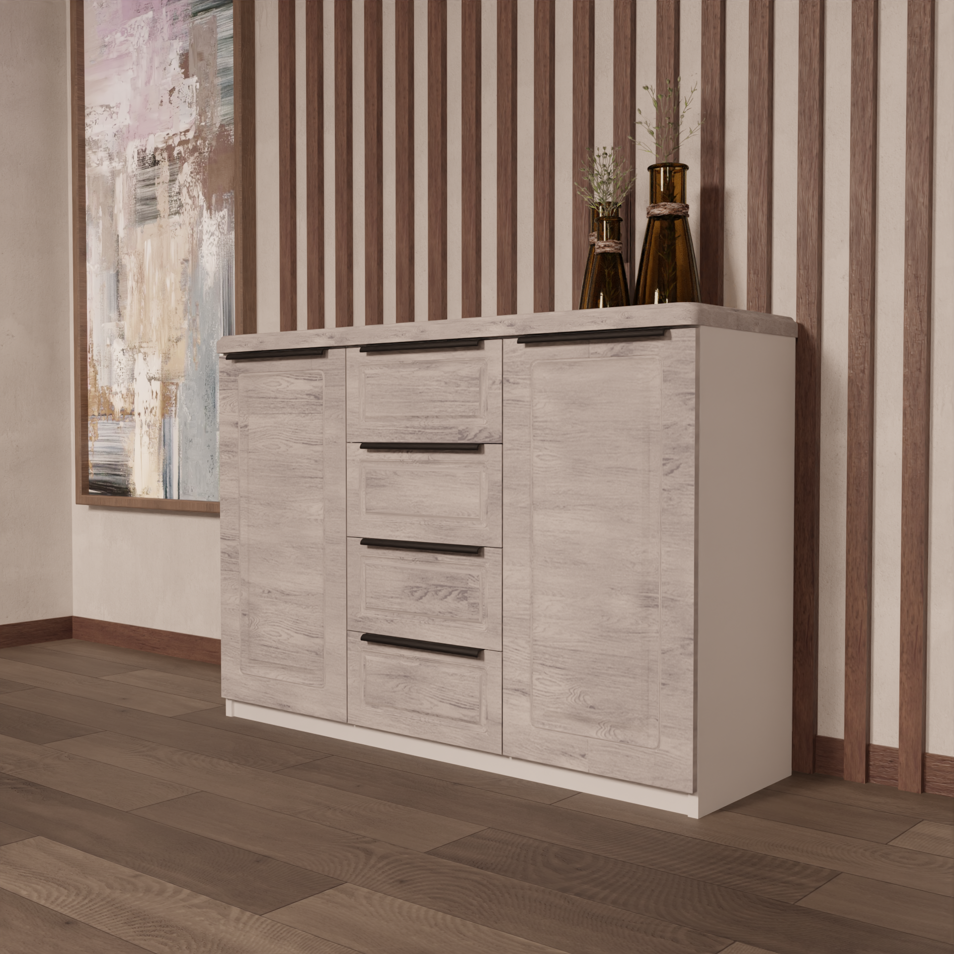 Изображение товара Комод Веста Катерина 1200 с 4 ящиками и 2 дверцами из МДФ цвета лиственница