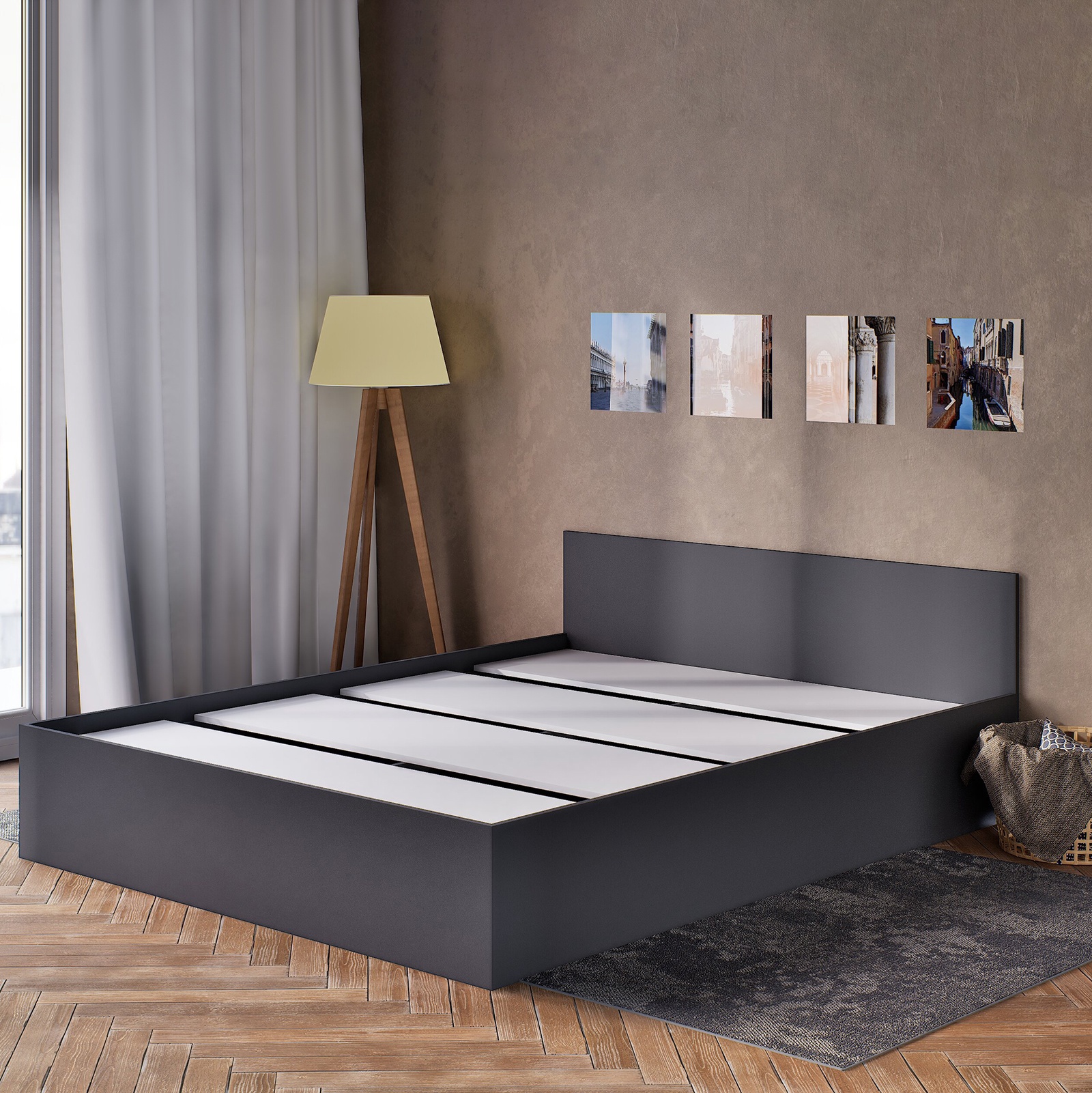 Изображение товара Кровать Мадера 160x200 см из ЛДСП цвет графит с ящиком и полкой