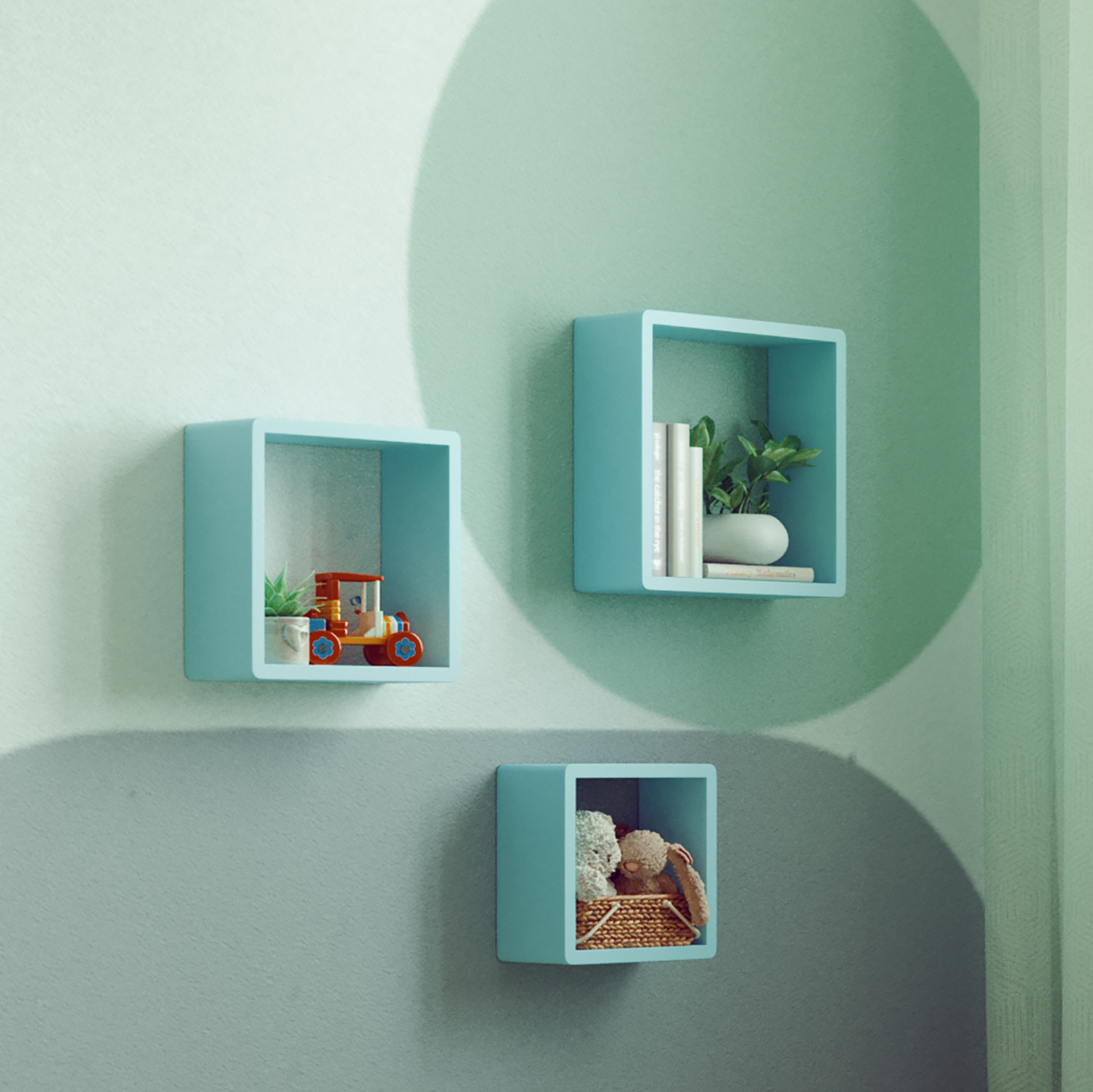 Изображение товара Набор из 3 настенных полок Spaceo 28x28 см с синим цветом и винтажным эффектом