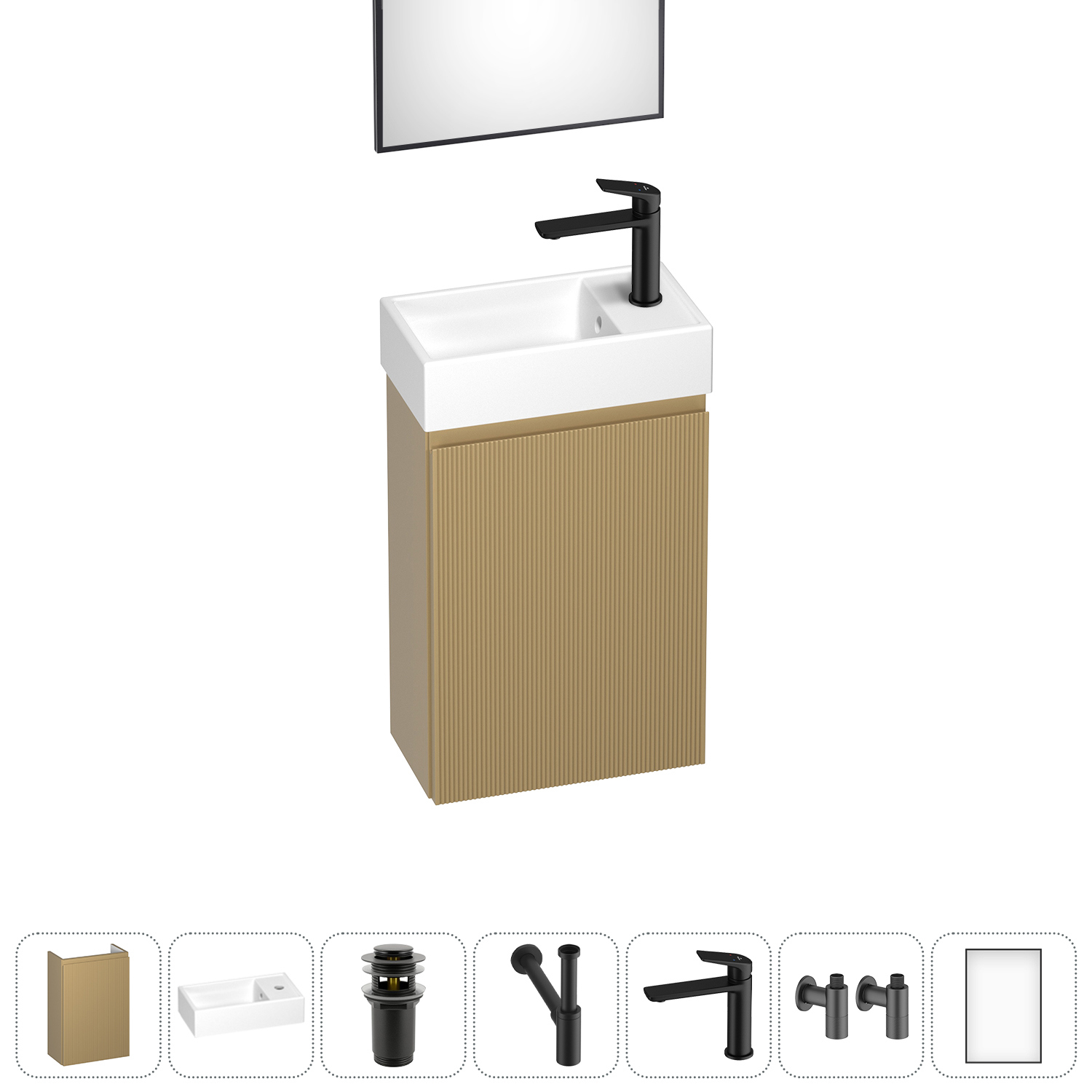 Изображение товара Комплект для ванной комнаты с подвесной тумбой раковиной и смесителем Wellsee WC Area 20216908R