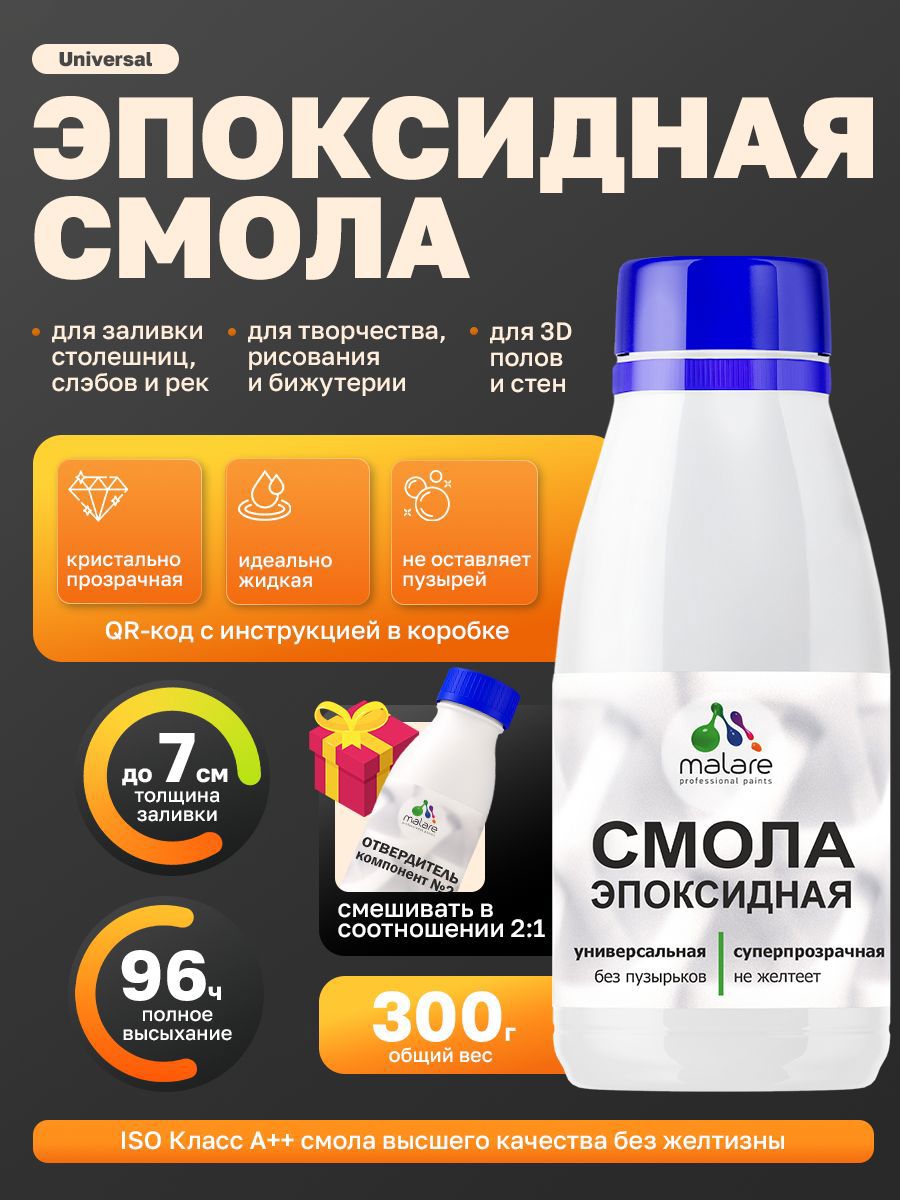 Изображение товара Эпоксидная смола двухкомпонентная Malare Titan универсальная кристально-прозрачная самовыравнивающаяся высокопрочная 0.2 кг и 0.1 кг отвердитель