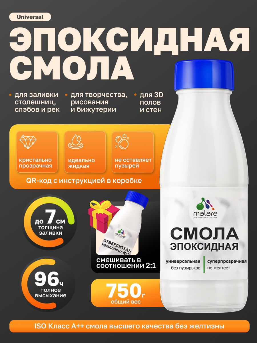 Изображение товара Эпоксидная смола двухкомпонентная Malare Titan универсальная кристально-прозрачная самовыравнивающаяся высокопрочная 0.5 кг и 0.25 кг отвердитель