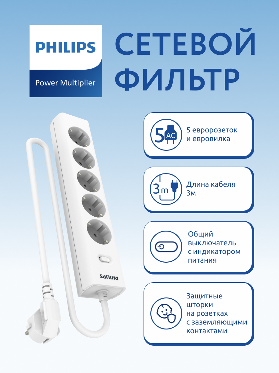 Изображение товара Philips CHP2155WB/51 сетевой фильтр удлинитель 3 м 5 розеток с заземлением белый