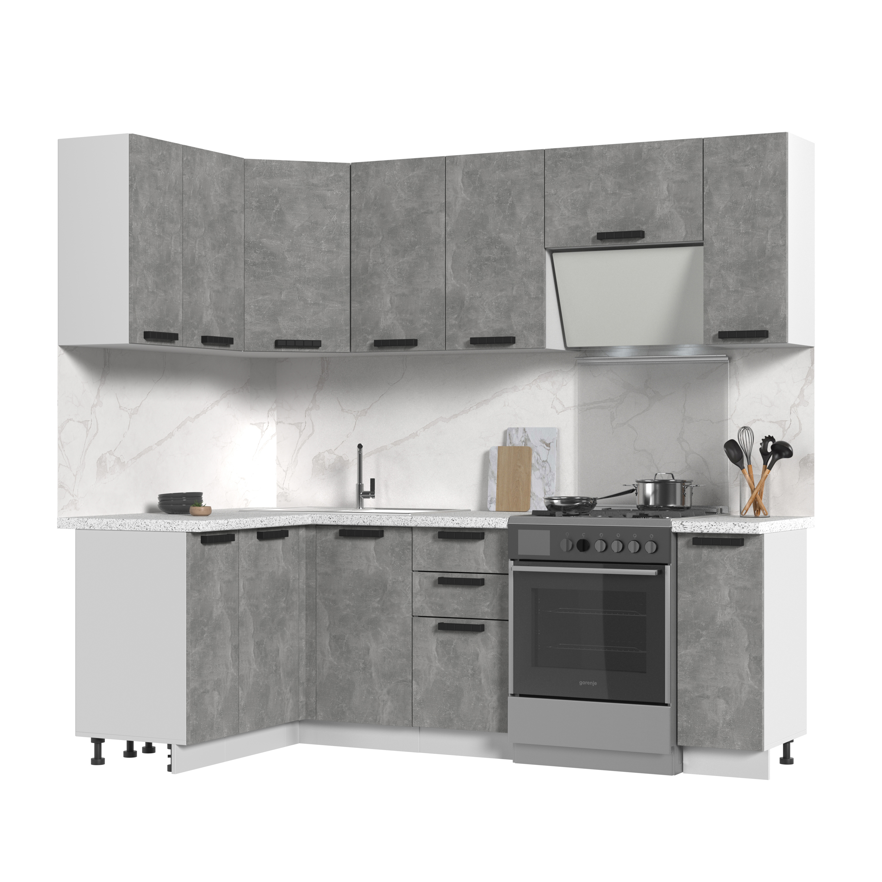 Изображение товара Кухонный гарнитур угловой Стендмебель Пасаденна со столешницей Лён 38мм 130x170x217x60см ЛДСП цвет ателье светлое