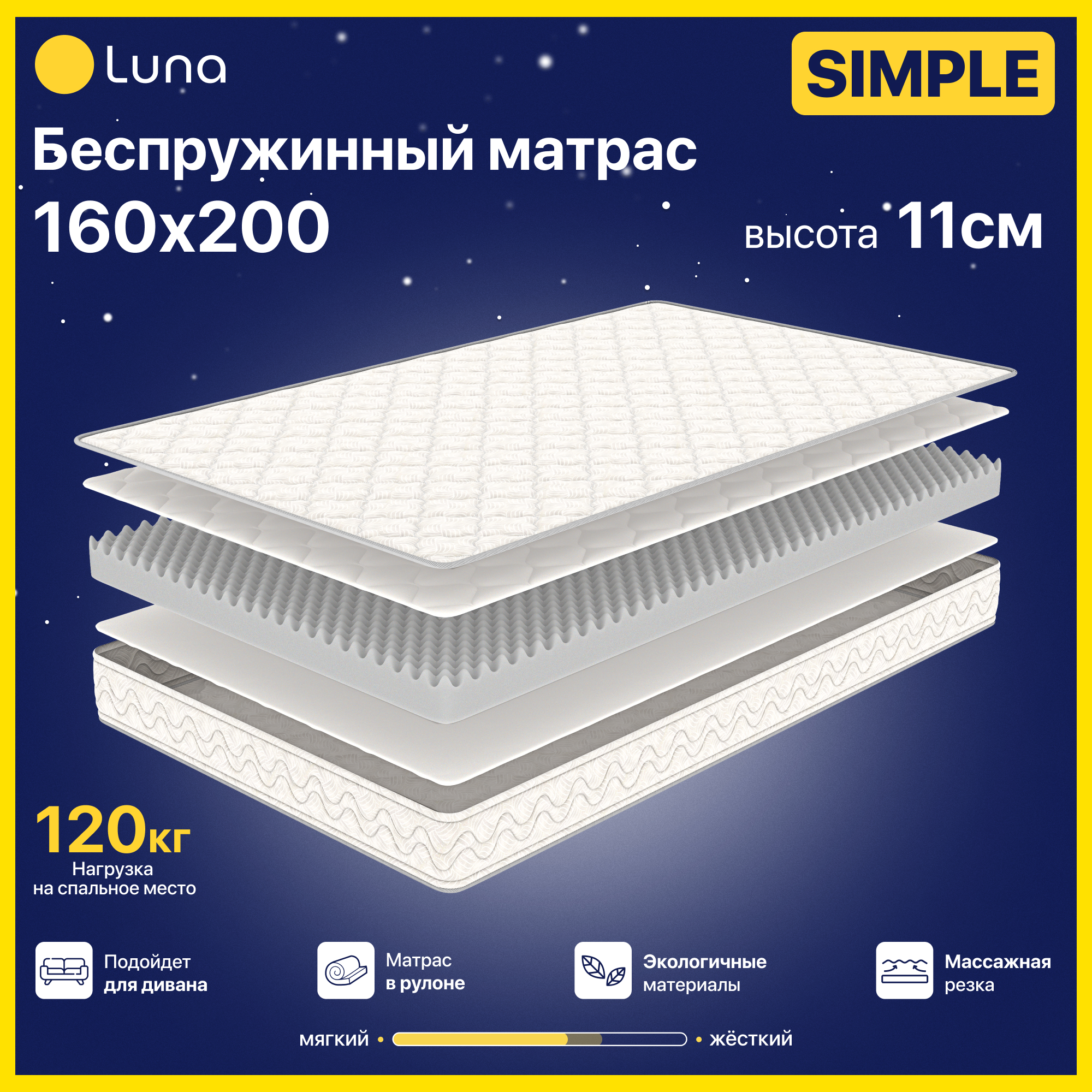 Изображение товара Матрас Luna Simple 160x200 см беспружинный двухсторонний с разной жесткостью