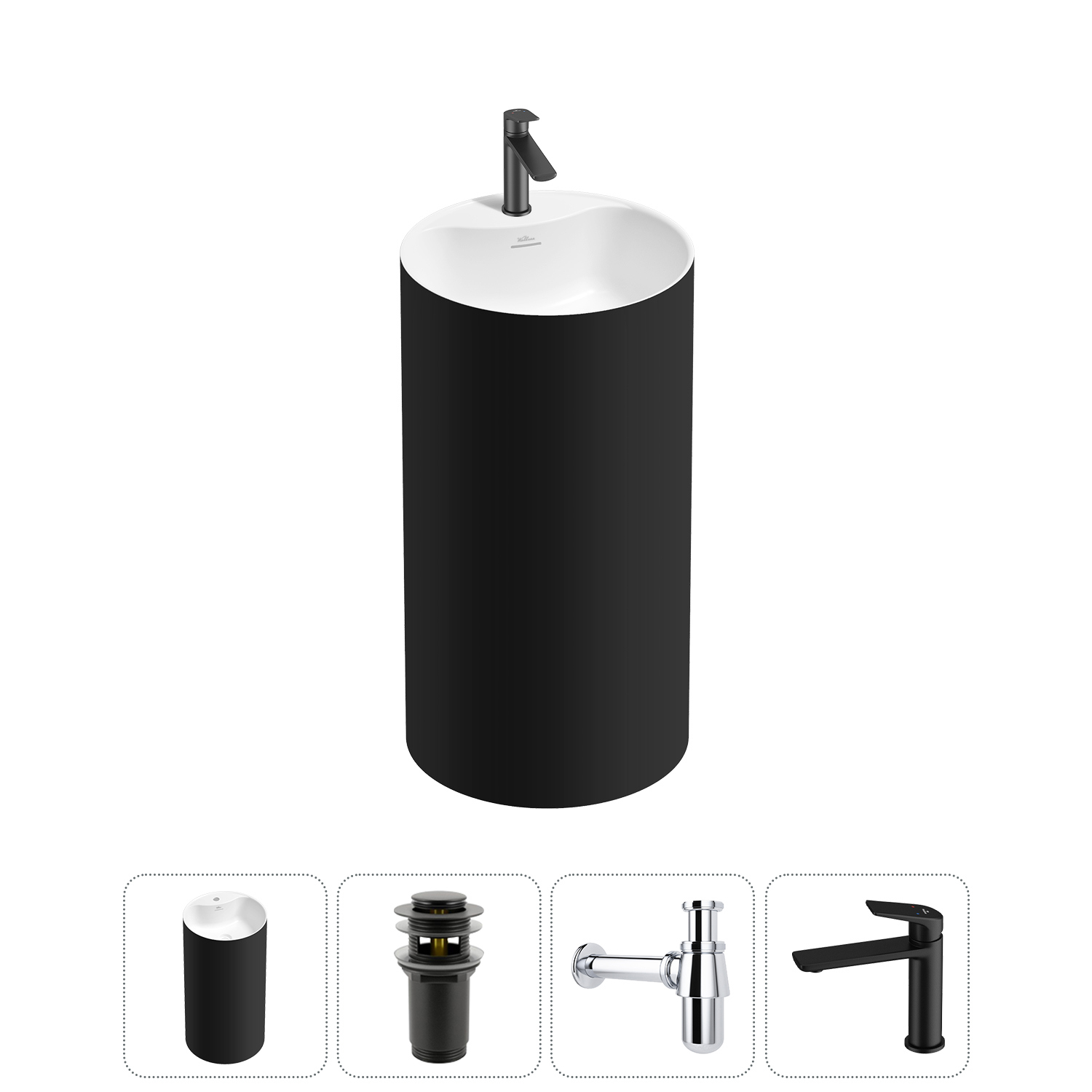 Изображение товара Раковина Wellsee chalice perfection 45см матовый черный с донным клапаном и сифоном