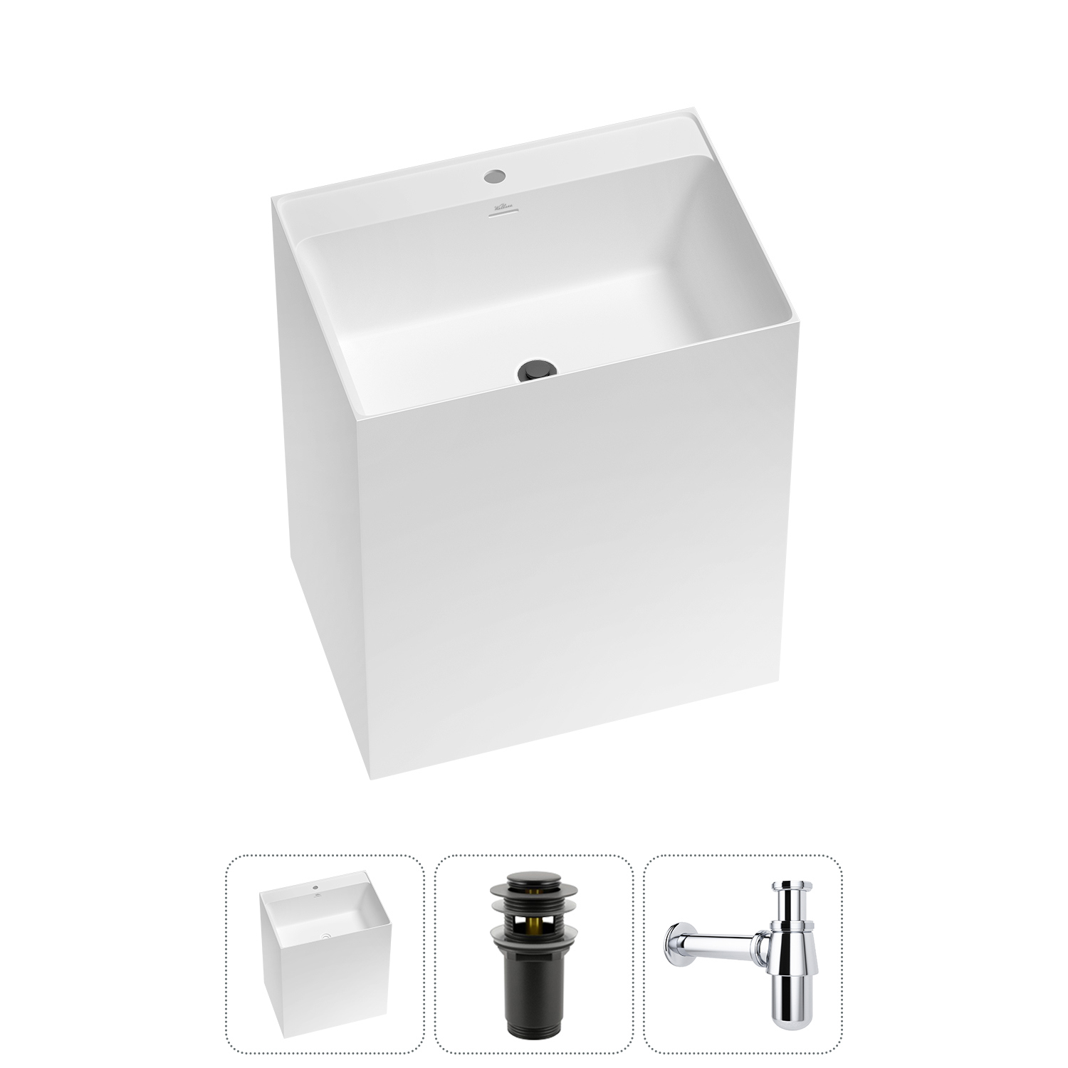 Изображение товара Раковина Wellsee doux 70 см матовый черный с донным клапаном и сифоном