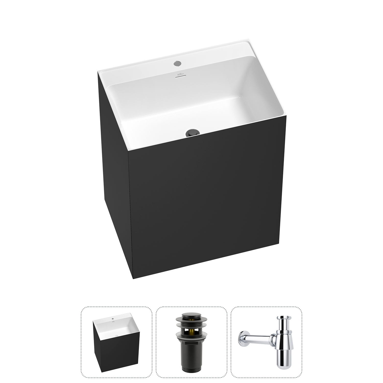Изображение товара Раковина Wellsee doux 70 см матовый черный с донным клапаном и сифоном