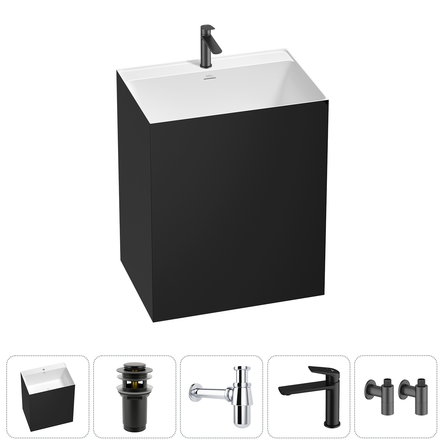 Изображение товара Раковина Wellsee doux 70 см матовый черный с комплектом гидромонтажа