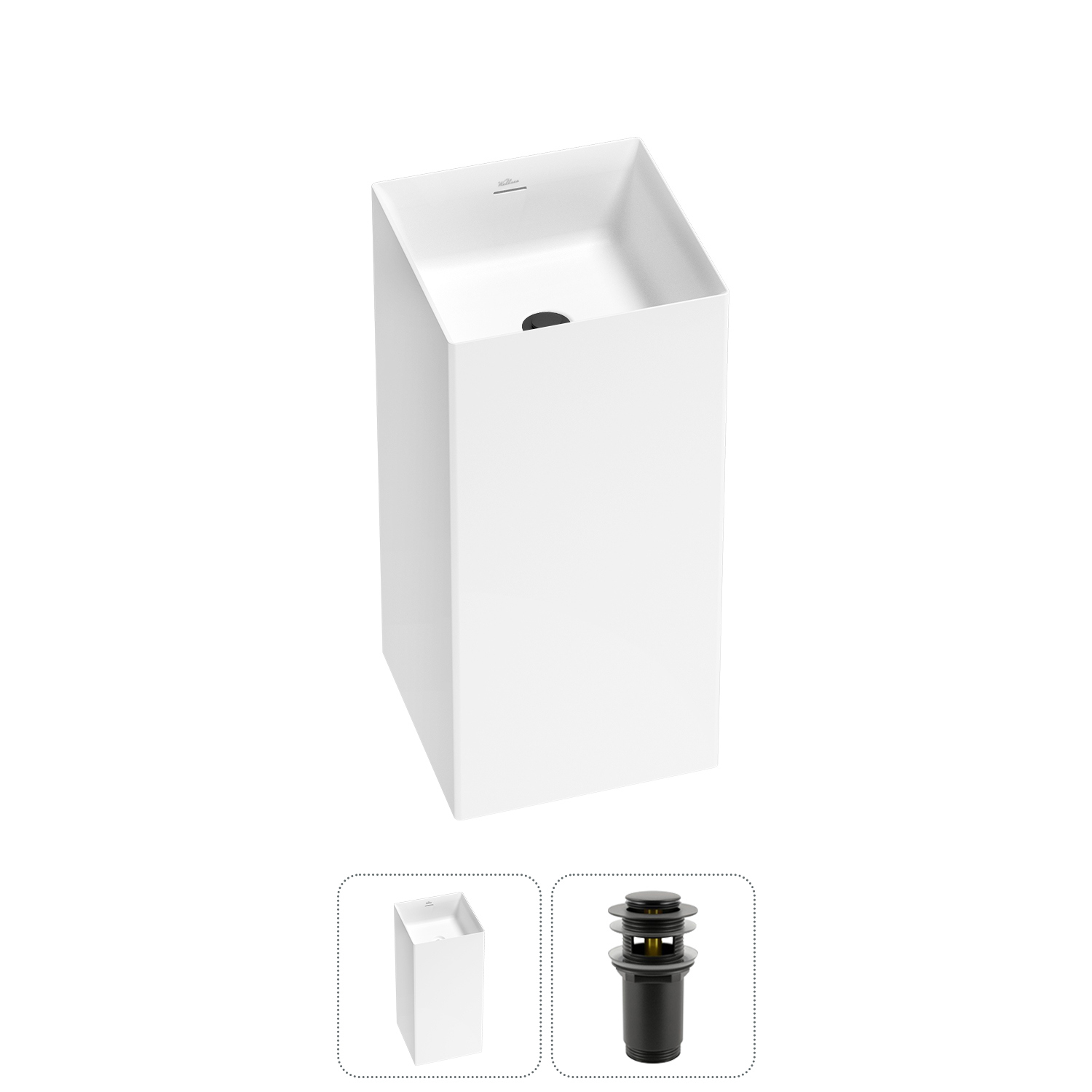 Изображение товара Раковина Wellsee pure 40см матовая черная с донным клапаном и напольным монтажом