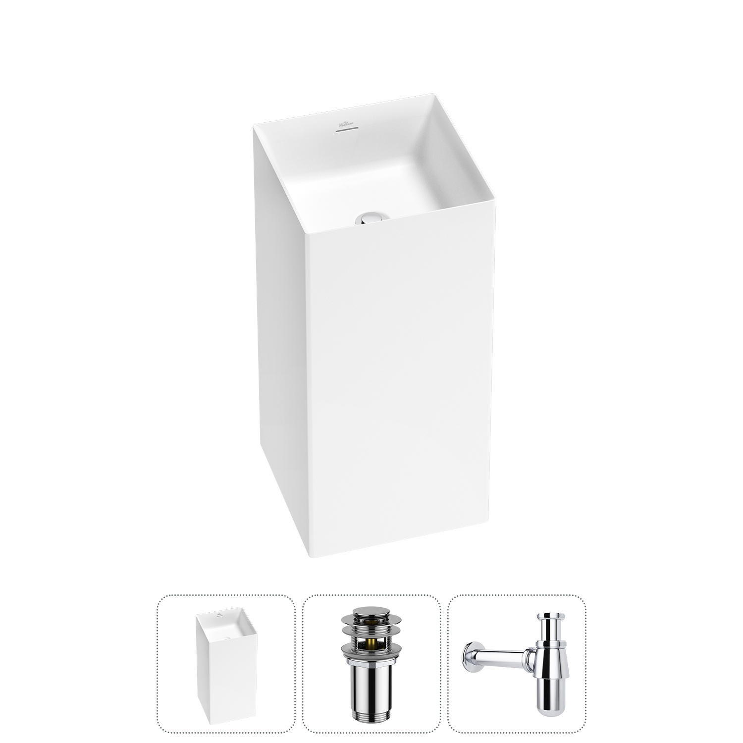 Изображение товара Раковина Wellsee pure 40 см квадратная в цвете хром с донным клапаном и сифоном