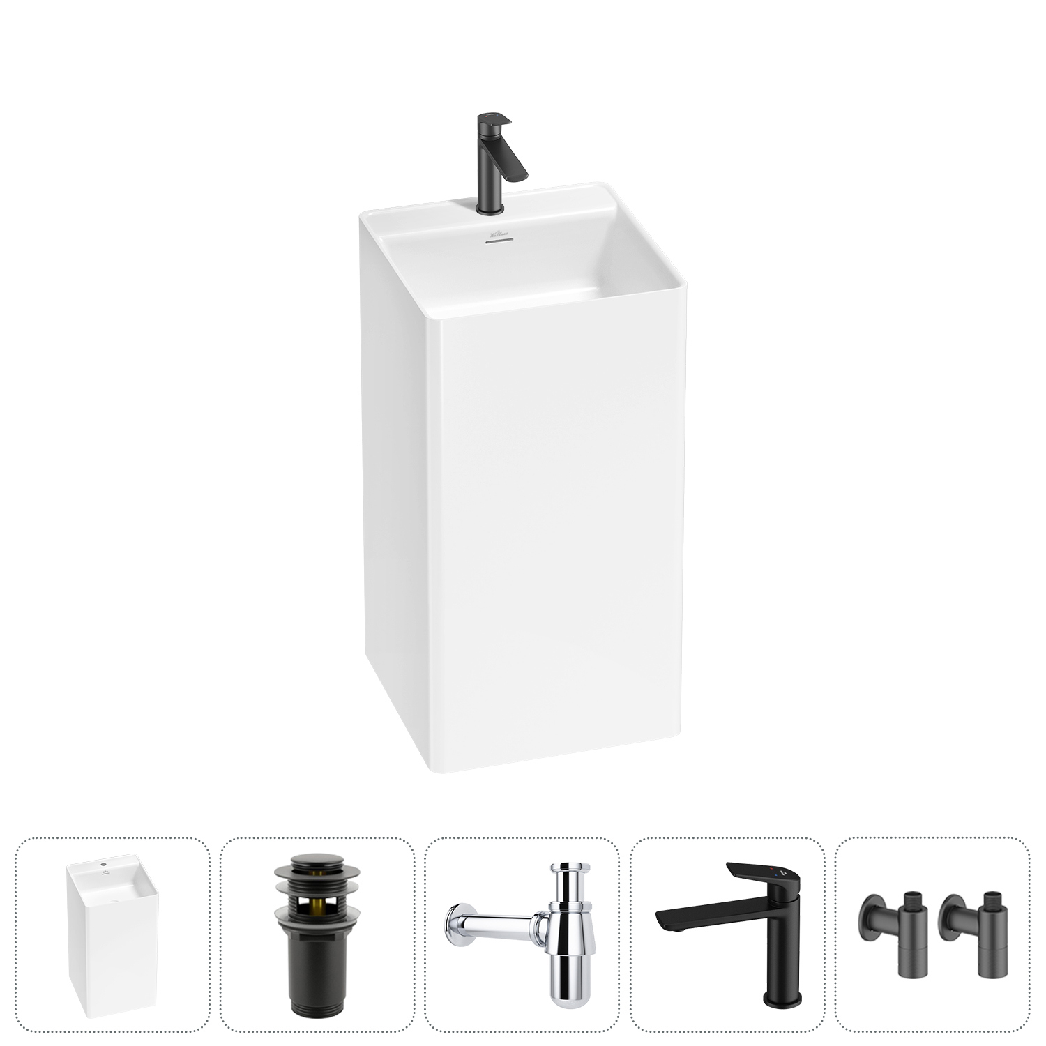 Изображение товара Раковина Wellsee pure 45см матовый черный комплект с сифоном и смесителем