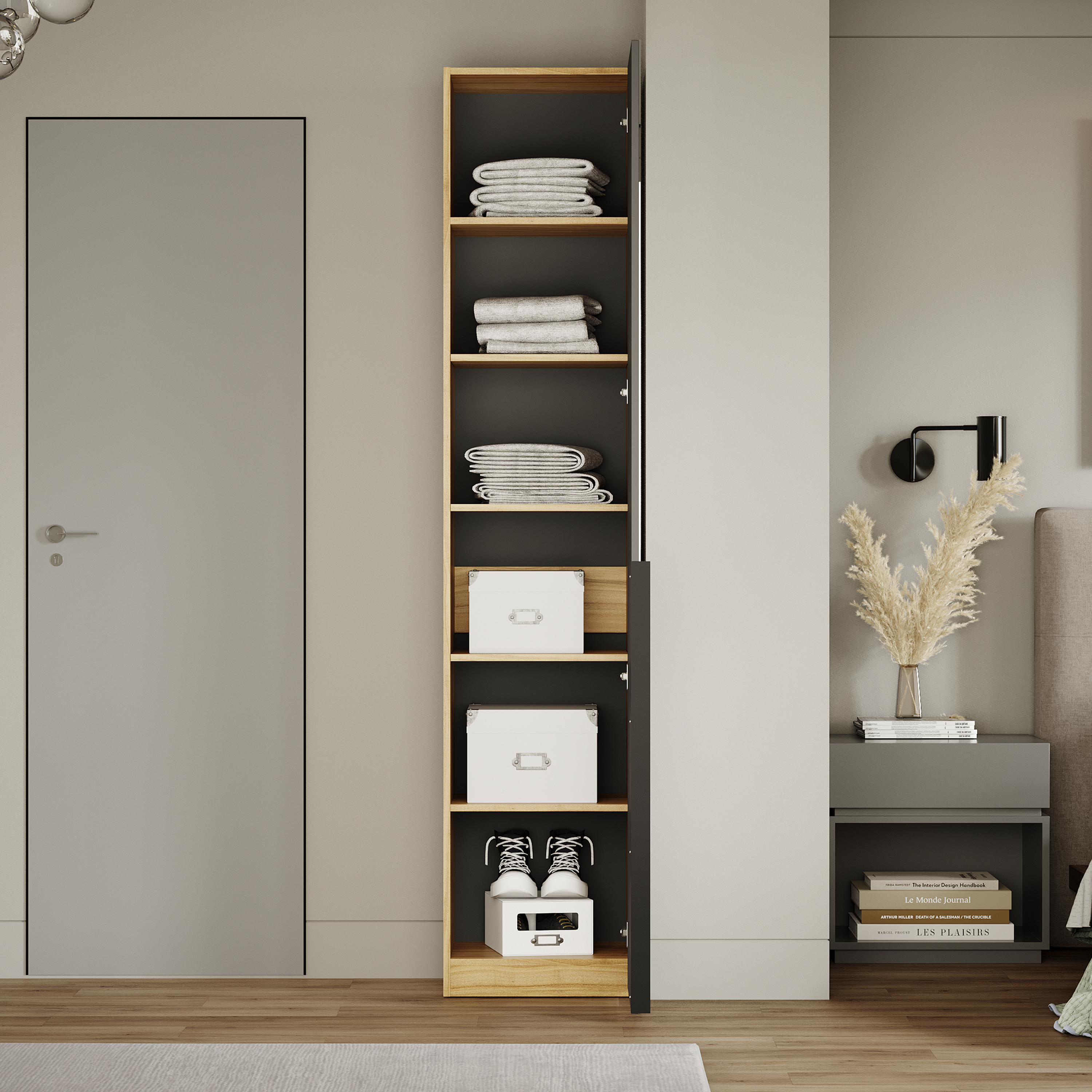 Изображение товара Современный шкаф Трия 45x217x37 см из ЛДСП цвета яблоня беллуно/графит