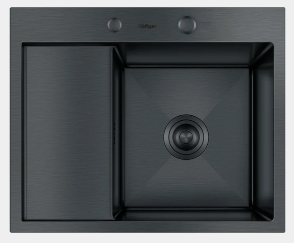 Изображение товара Мойка для кухни Hoffger HFG-5848B-R 48x58 см графит/черный с двумя отверстиями и шумоизоляцией