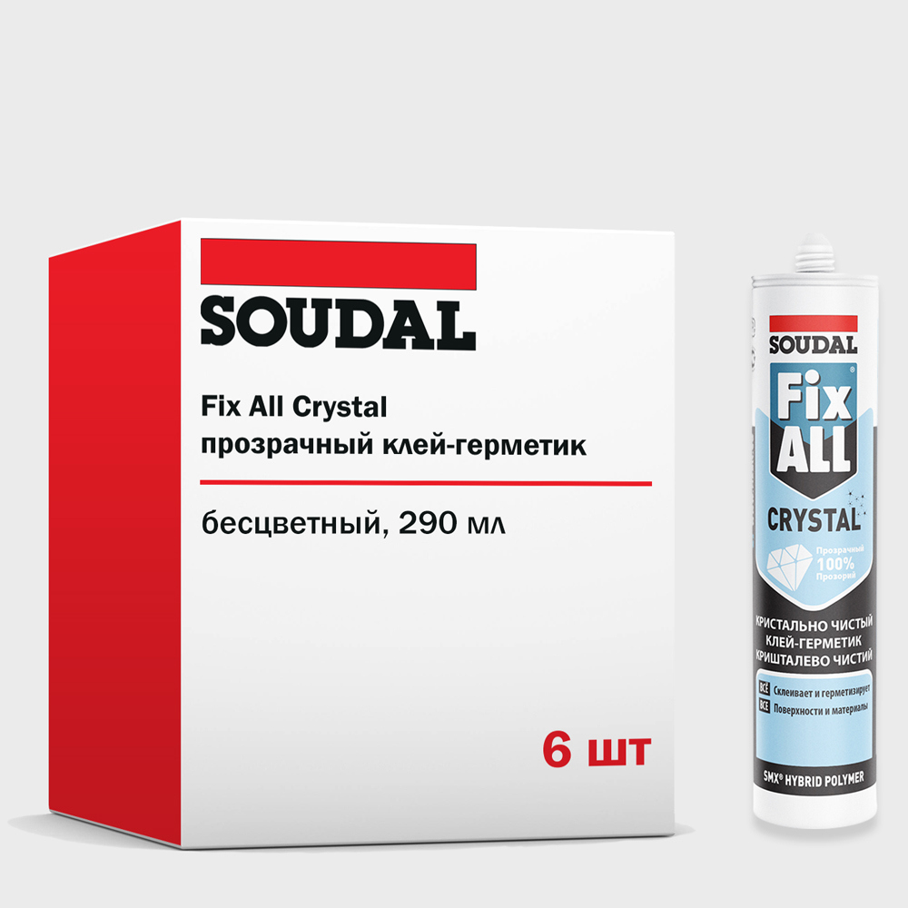 Изображение товара Герметик ms-полимерный Soudal Fix All Crystal универсальный влагостойкий бесцветный 280 мл 6 шт