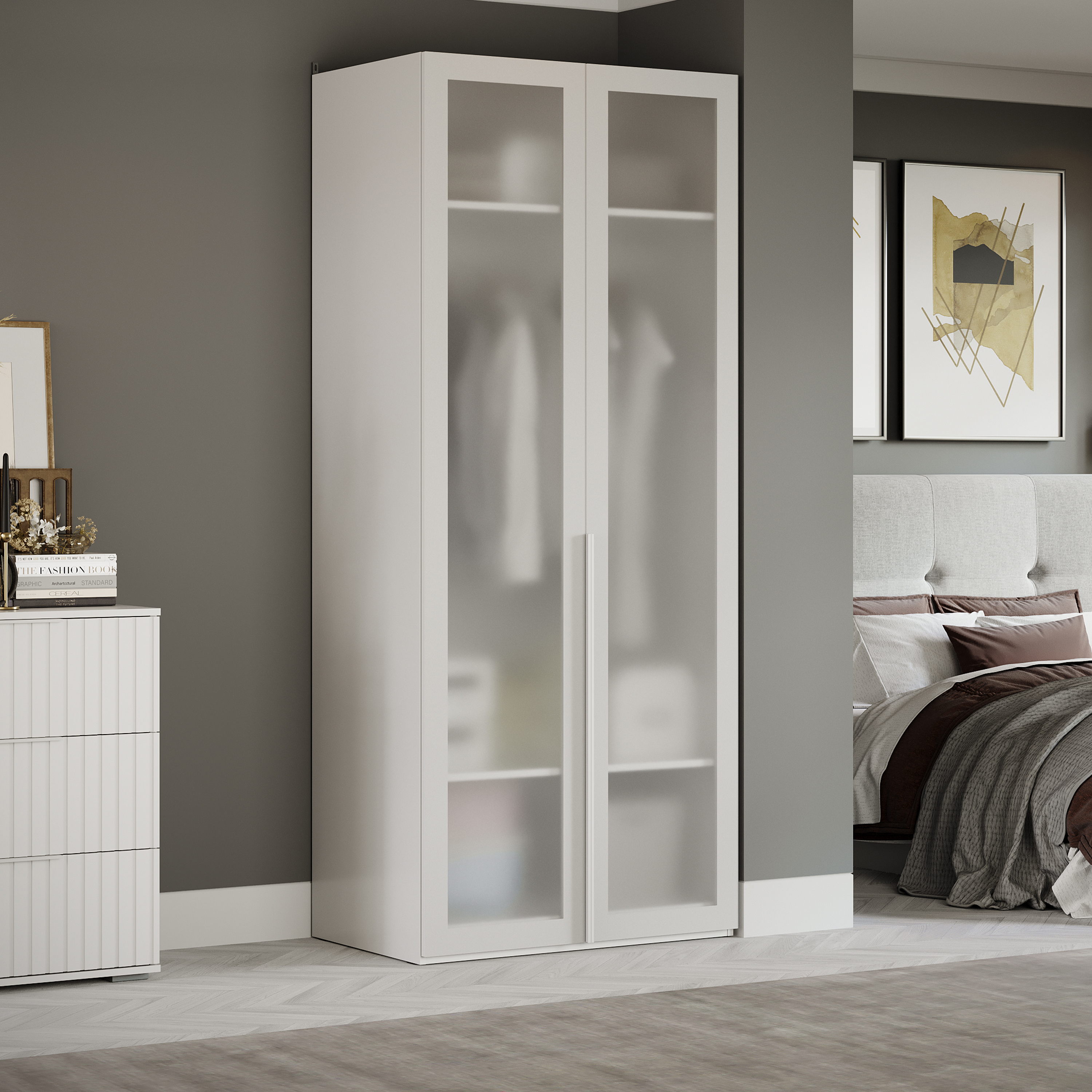 Изображение товара Шкаф распашной Трия 252724 90x217x58 см ЛДСП цвет белый жемчуг/стекло сатин белое