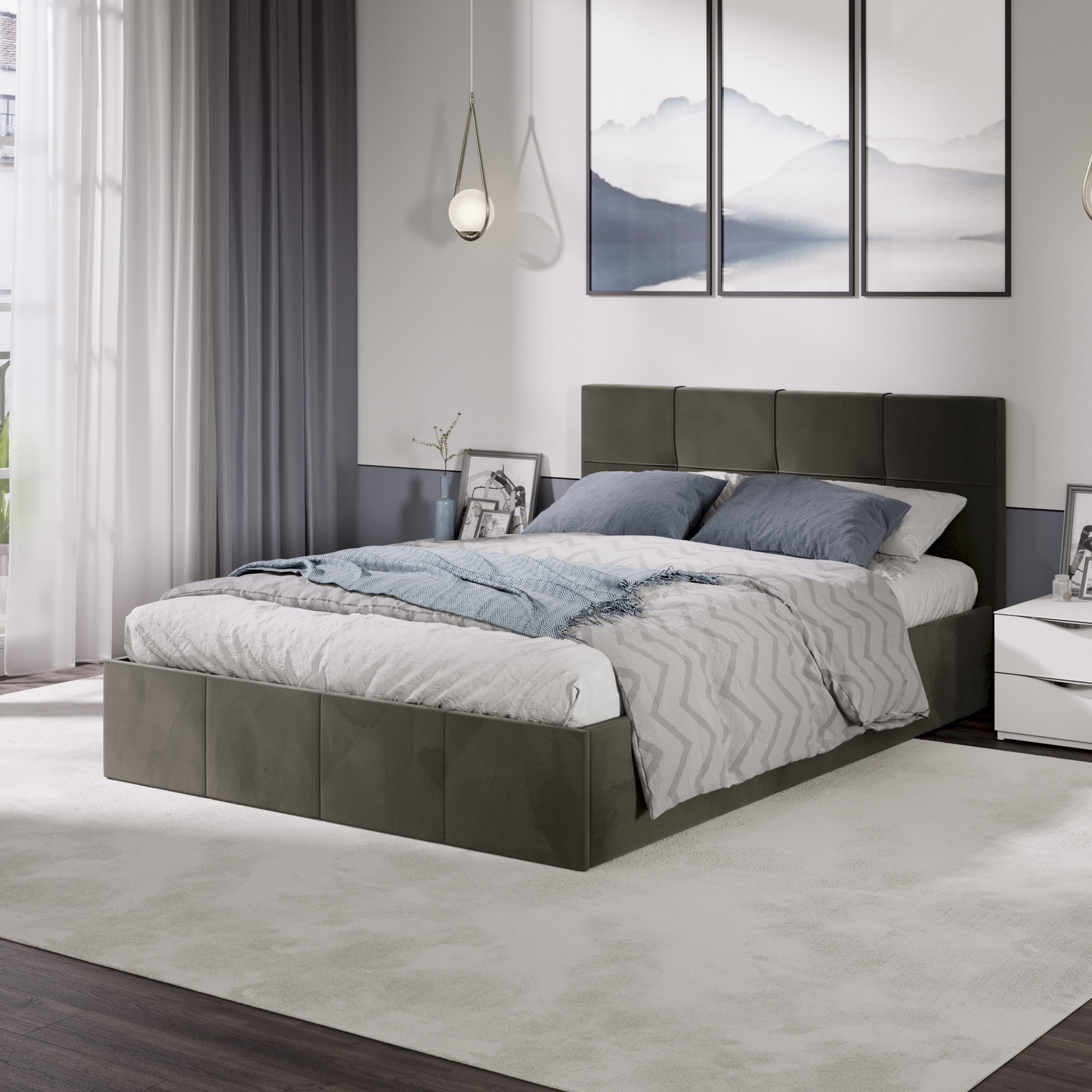 Изображение товара Двуспальная кровать Трия 260629 из ДСП с подъемным механизмом и велюром Confetti