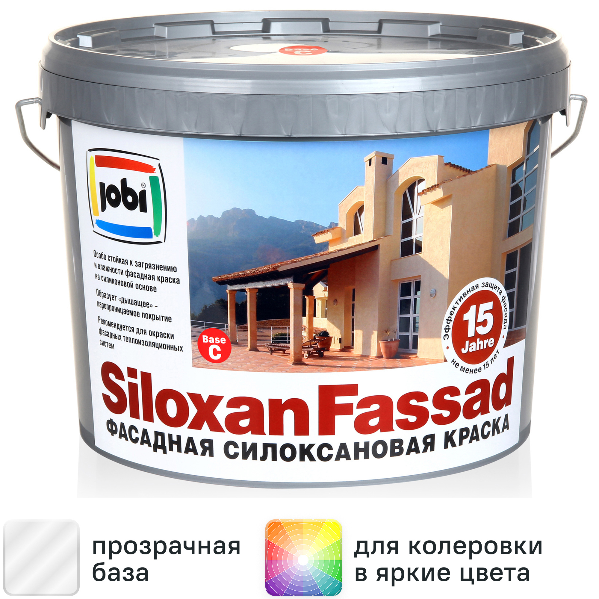 Изображение товара Фасадная краска Jobi Siloxanfassad матовая прозрачная база 9 л для внешних работ