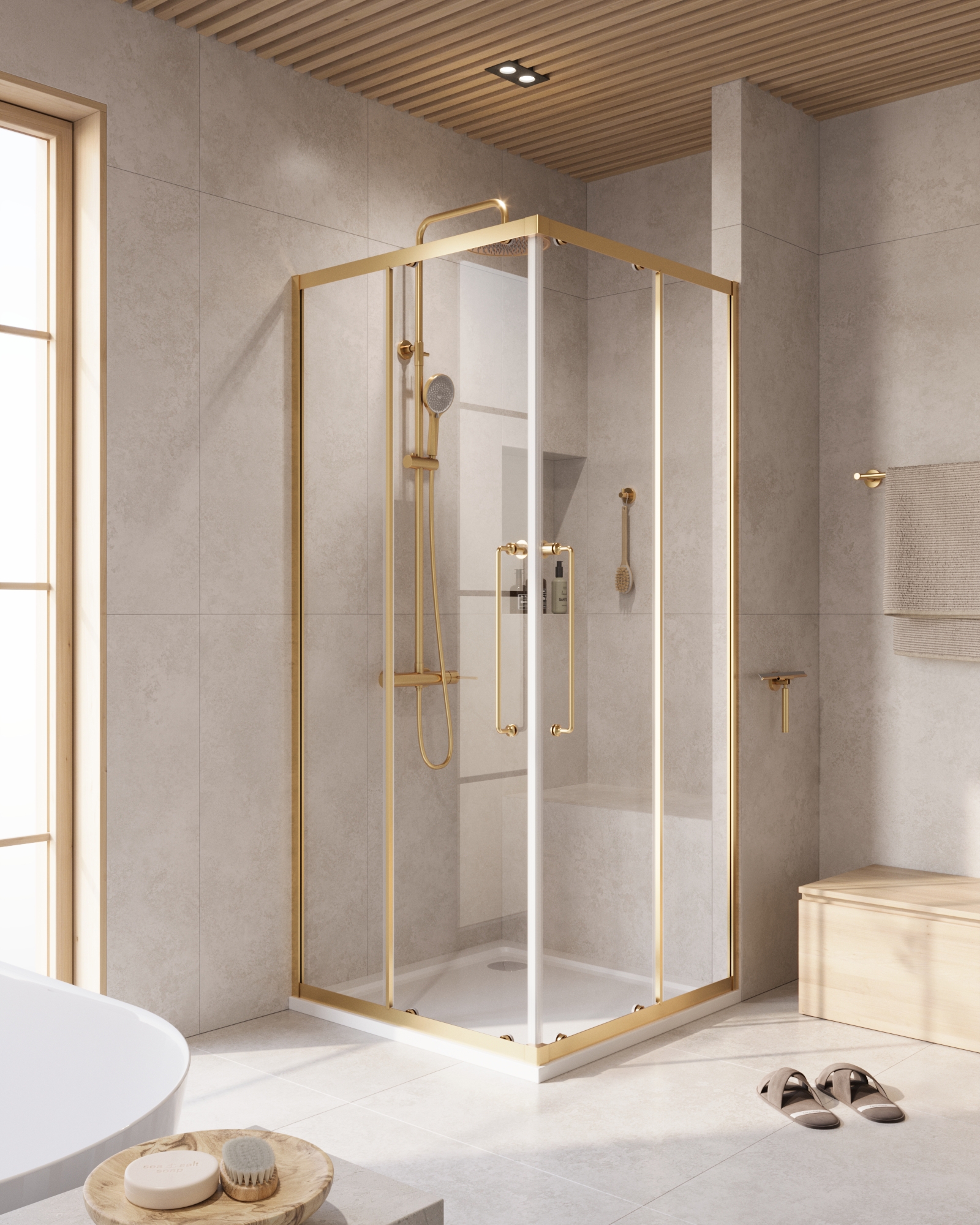 Изображение товара Душевой уголок Cezares RELAX 304 RELAX-304-A-2-80-C-BORO квадрат 80x80см золотистый профиль эффект стекла прозрачный