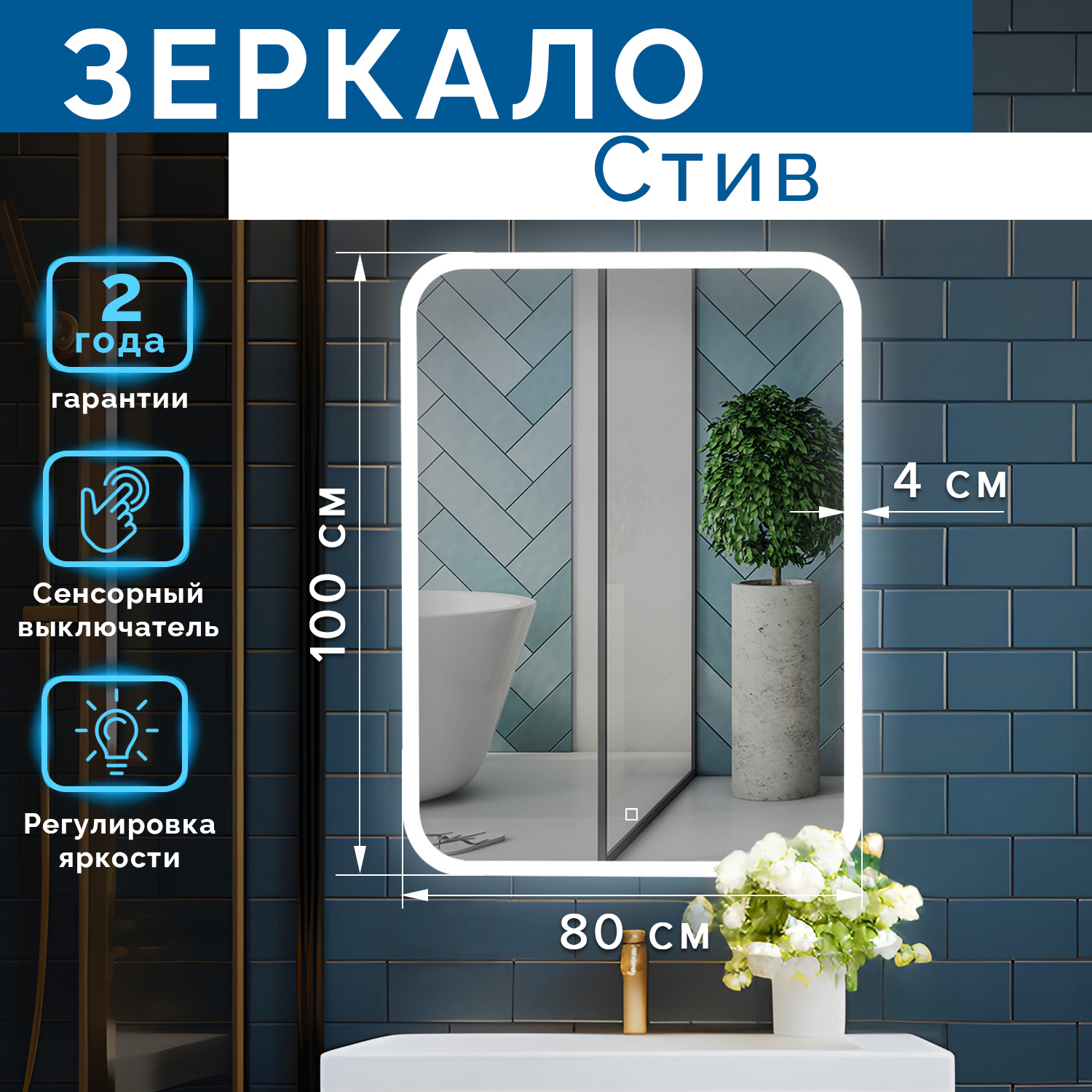 Изображение товара Зеркало Silver Mirrors Стив 80x100 вертикальный сенсорный выключатель