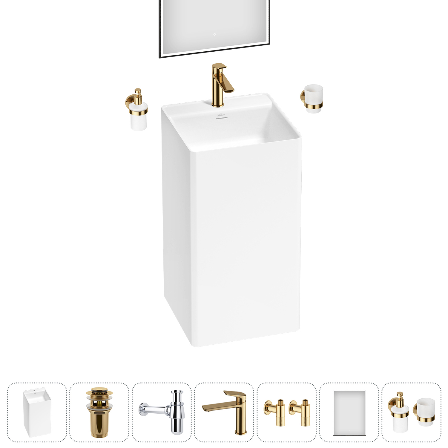 Изображение товара Раковина напольная моноблок квадратная 45x45 см Pure BY Wellsee комплект с аксессуарами