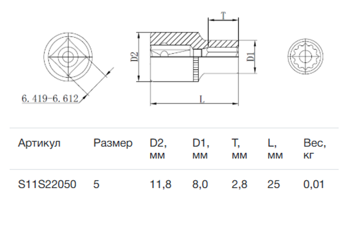 Изображение товара Торцевая головка двенадцатигранная Thorvik S11S12050 1/4 дюйма 5 мм